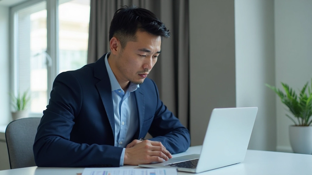 Профессиональный мужчина работает с ноутбуком в современном офисе, анализирует данные