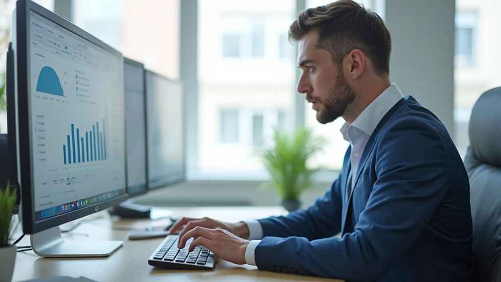 Аналитик изучает данные и создает отчеты на компьютере