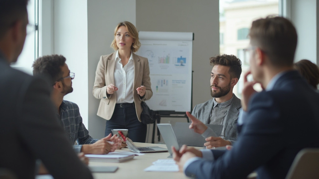 Профессиональная женщина-тренер проводит обучающий семинар для группы участников