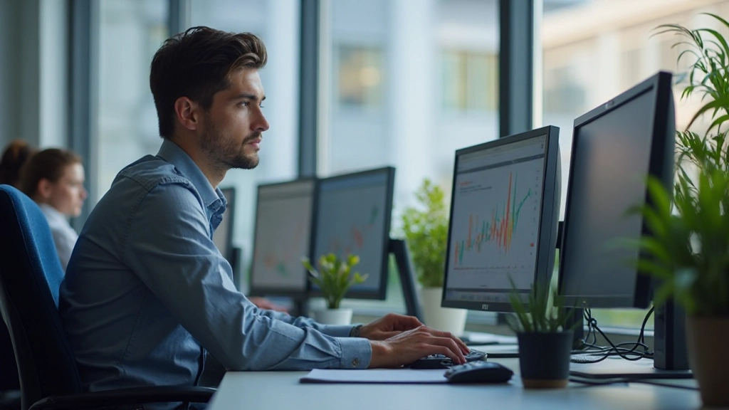 Специалист работает с цифровыми инструментами на современном рабочем месте