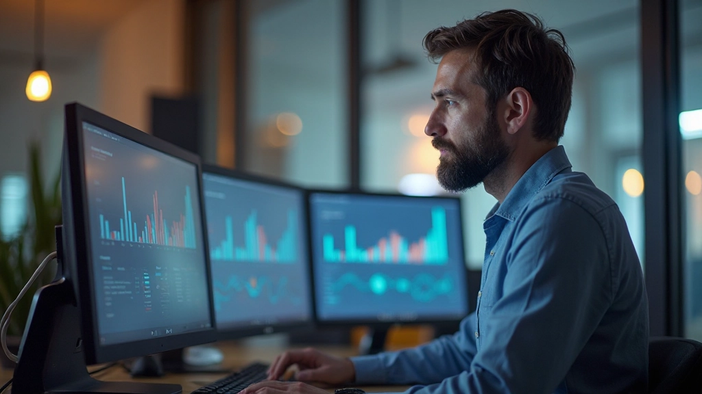 Аналитик работает с информацией, просматривает отчеты и графики на экране компьютера в кабинете